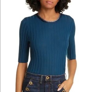 Veronica Beard NWT Delilah Metallic Trim Merino Wool Sweater in Blue